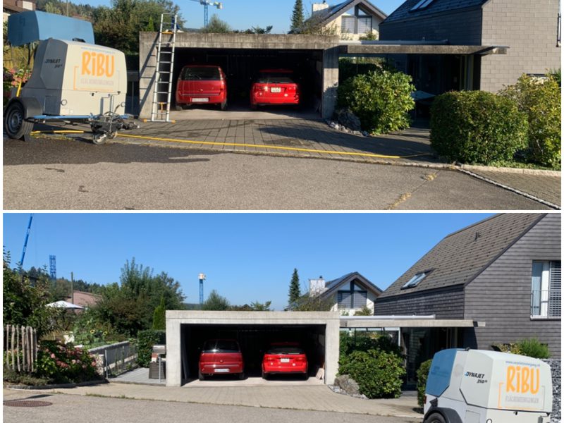 Vorplatz vor einer Doppelgarage in Seon vor und nach der Reinigung